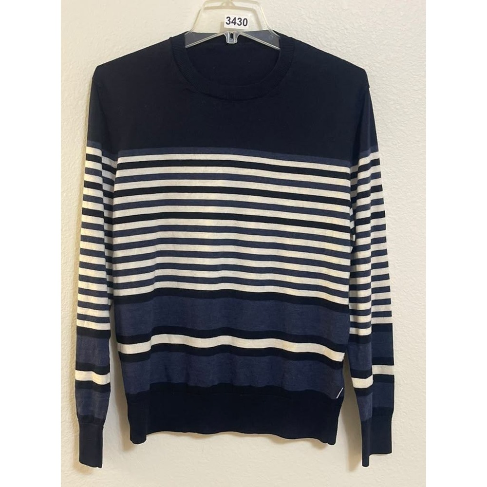 Orlebar Brown Lucas Navy Stripe 100% Merino Wool Crew Neck Sweater Made in Italy
